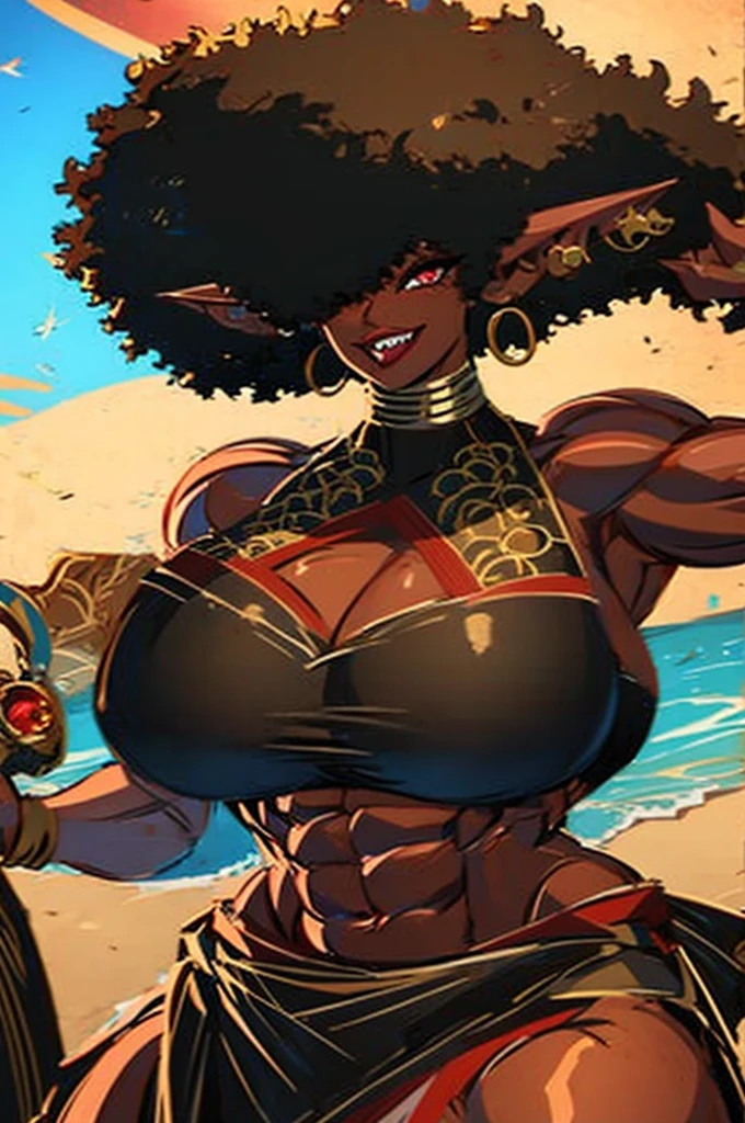 (masterpiece, best quality:1.2),1 girl, voluptuous body, full body, masterpiece, dominant pose, good anatomy, no extra limbs, big ass, thick thighs, black hair, voluminous afro, pointy ears, gold earrings, black top with red details, black skirt with red details, gold necklaces 