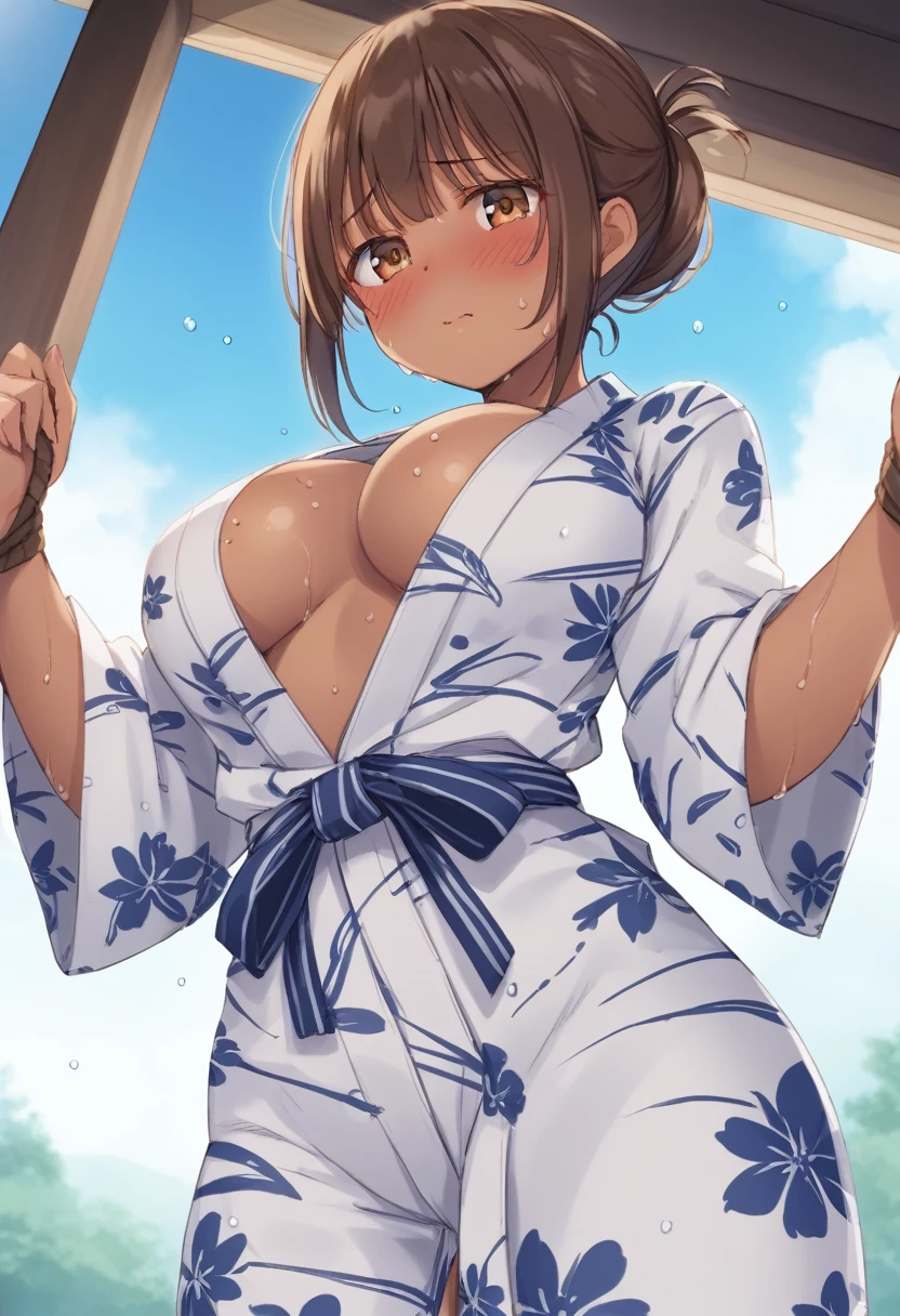 Cute  beautiful girl、、naked、(Blushing and sweating:1.5)、Embarrassed、Brown skin、A wet yukata、Beautiful breasts,Tied up hair、From below