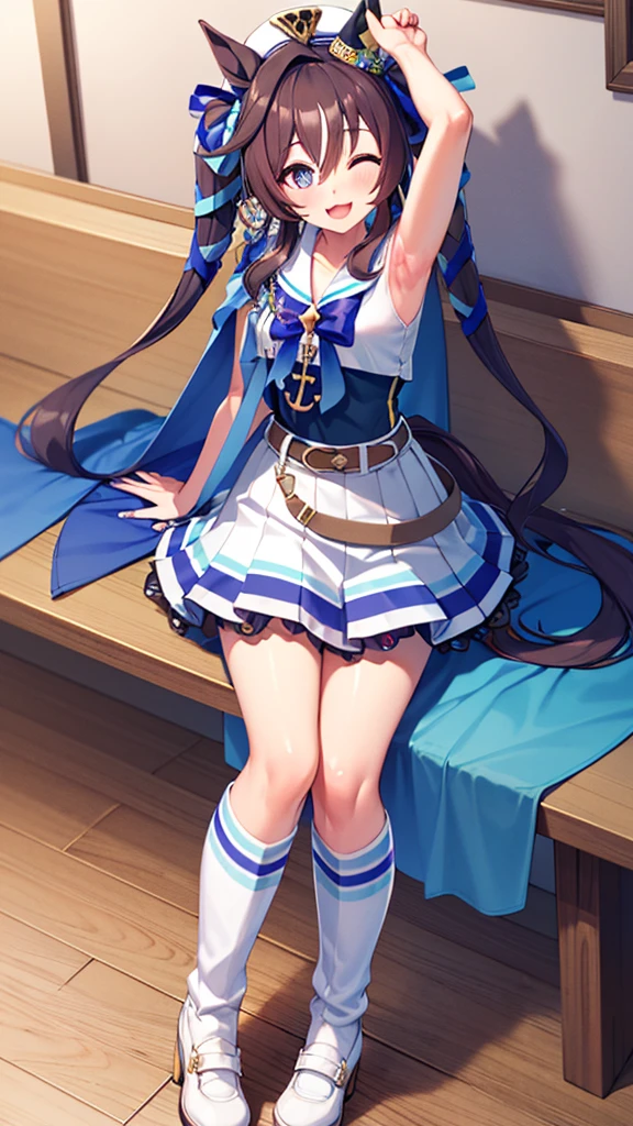 masterpiece, best quality, detailed, highly detailed, ultra detailed, extremely detailed CG, high resolution, 4K, vivlos \(umamusume\), horse tail, hat, white sailor collar, bare shoulders, blue ribbon, small cape, strap, anchor ornament, bodystocking, belt, bare knees, white pleated skirt, white boots, smile, arm up, armpits,