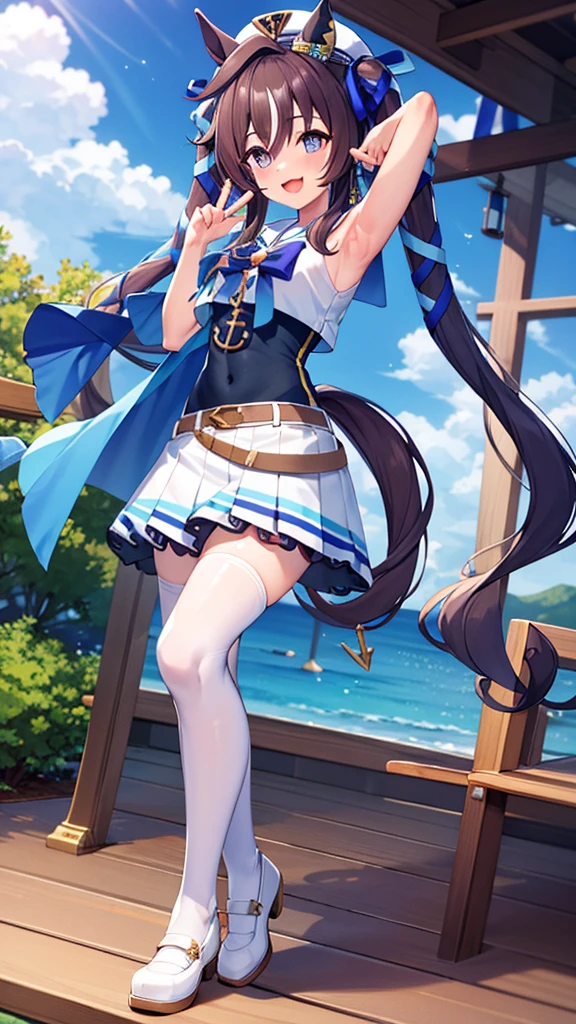 masterpiece, best quality, detailed, highly detailed, ultra detailed, extremely detailed CG, high resolution, 4K, vivlos \(umamusume\), horse tail, hat, white sailor collar, bare shoulders, blue ribbon, small cape, strap, anchor ornament, bodystocking, belt, bare knees, white pleated skirt, white boots, smile, arm up, armpits,