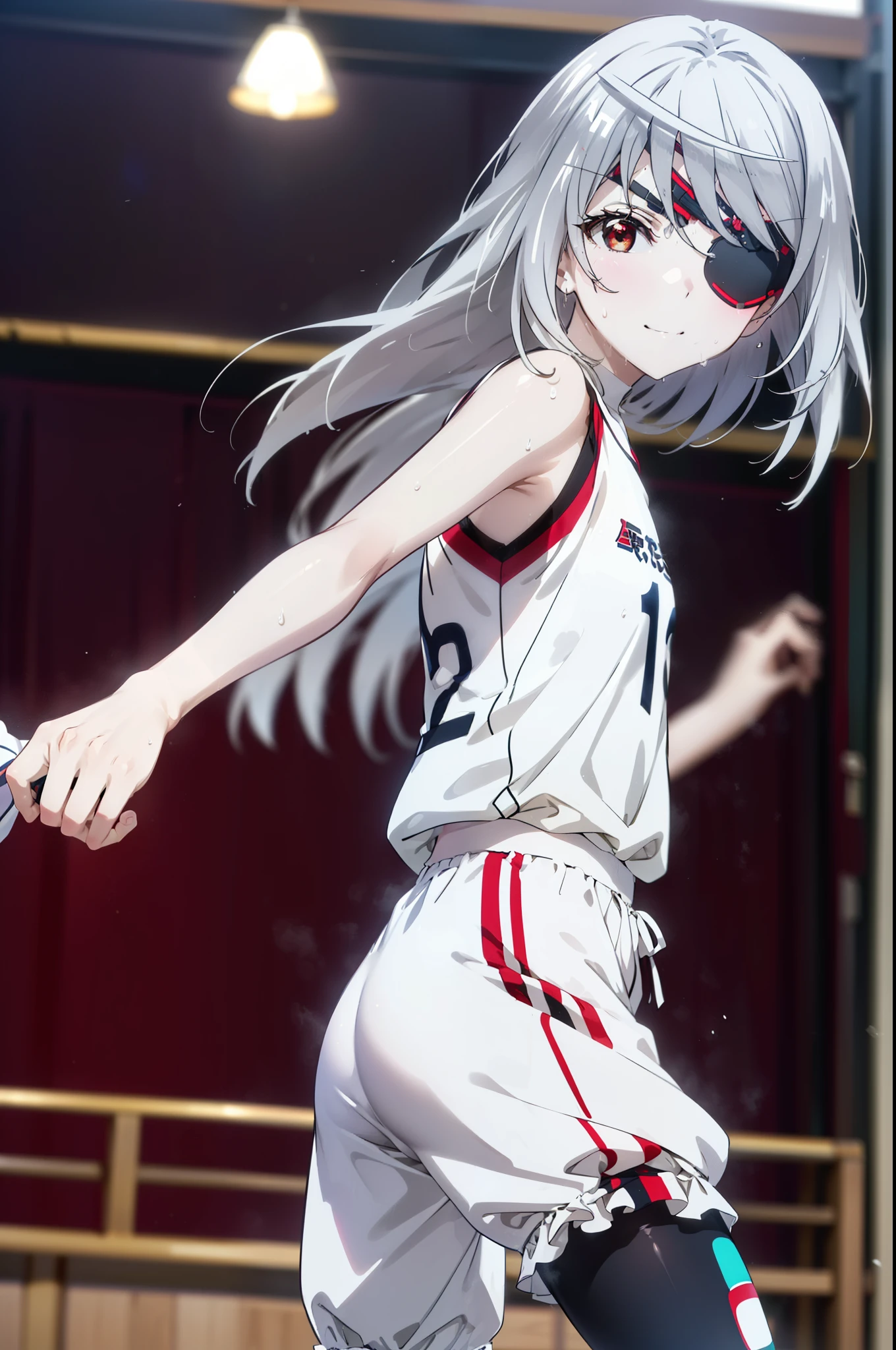 Laurabodewig, Laura Bodewig, Long Hair, (Red eyes:1.3), Grey Hair, Eye patch,smile,
break, (((Stained bloomers))), (Stained Volleyball Uniforms), Sleeveless volleyball uniform, (((Stained bloomers))), (Knee pads), (Elbow pads), (bare hands), ((Sweat)), ((covered in Sweat)), (breathe), Volleyball court, Ballet Shoes,whole bodyがイラストに入るように,
break indoors, gym,
break looking at viewer,whole body, (Cowboy Shot:1.5),
break (masterpiece:1.2), Highest quality, High resolution, unity 8k wallpaper, (figure:0.8), (Beautiful attention to detail:1.6), Highly detailed face, Perfect lighting, Highly detailed CG, (Perfect hands, Perfect Anatomy),
