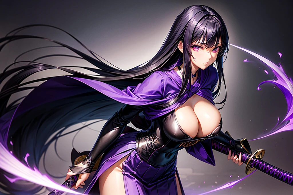 A 17 year old tall Japanese girl with really long black hair, sharp glowing purple eyes, big breasts, a muscularly lean, slim and sexy body with defined arms and muscular legs, wearing a sexy black and purple assassin outfit with a black cloak and a long skirt. In her hands, a purple katana. Covered in poison smoke.