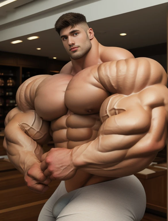 1boy, giant, model shoot style, illuminating light, strong body, bulk, large size, standing & staring, stubble, at the open area, nude, white triangular underwear, prominent bulge, big, brutalmass, giant, muscular body, bulk, buff, massive body, large meaty body size