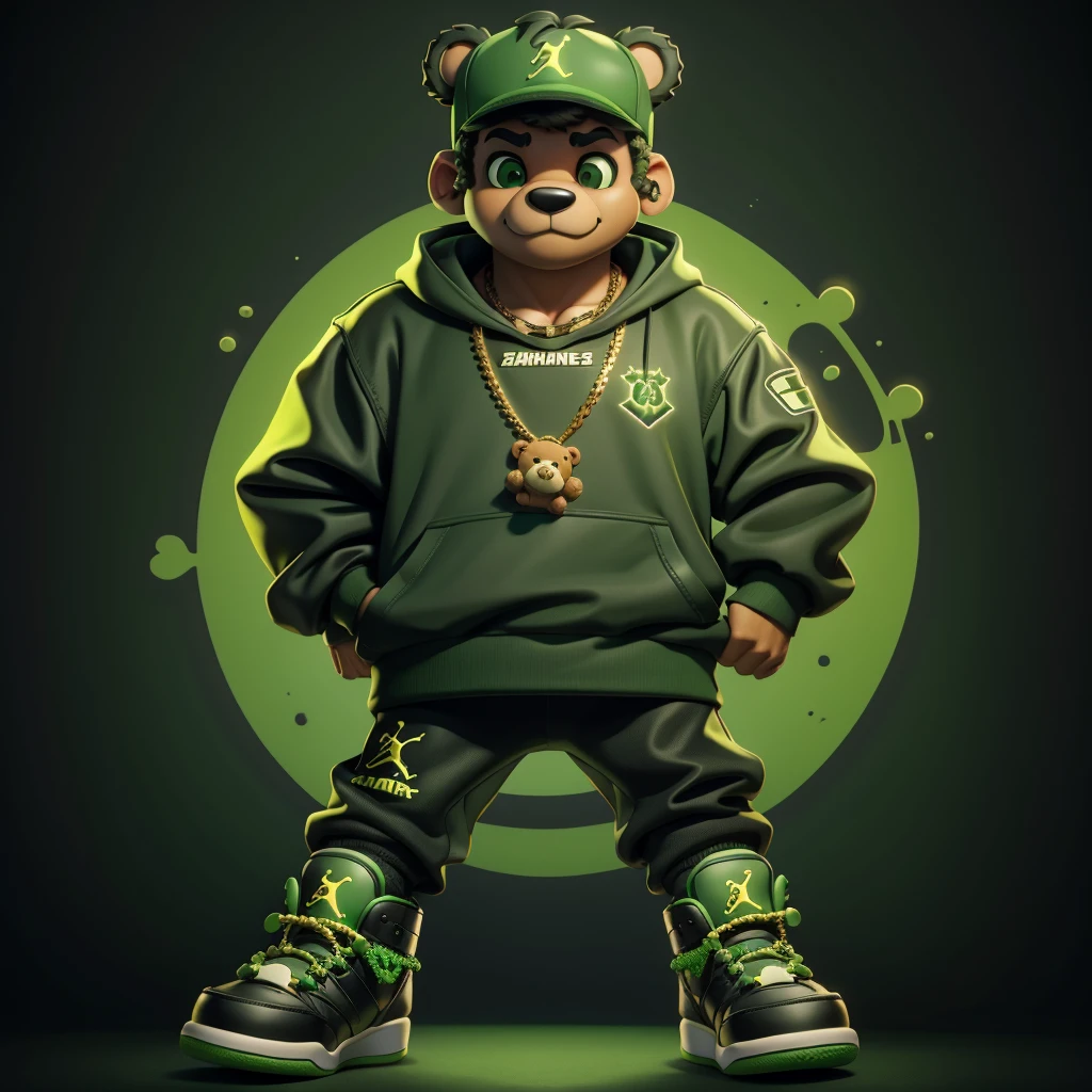 1teddy bear, Black and green outfit, energy monster, wearing braces, street standing, wearing gold chain necklace, air jordan shoes.