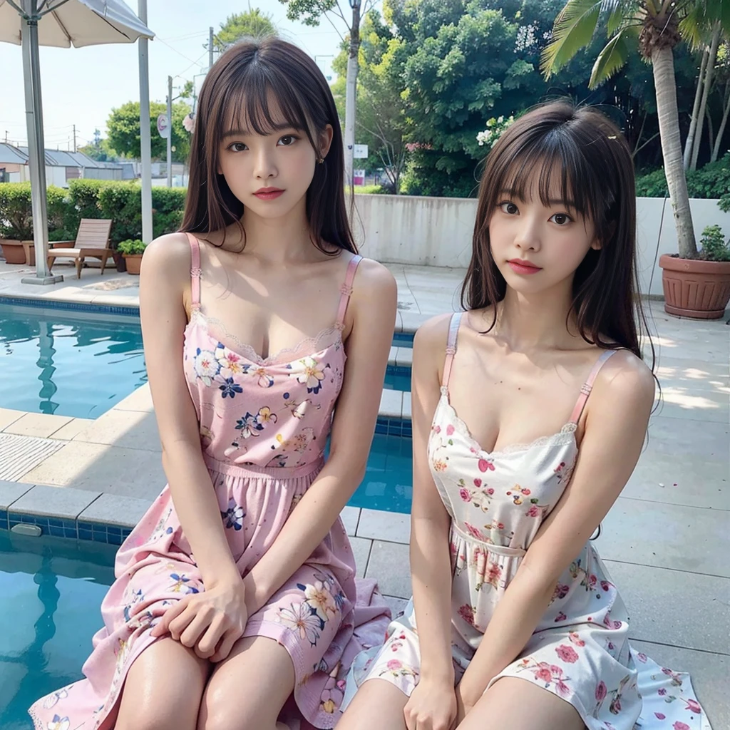 (8K、Raw photography、top-quality、​masterpiece:1.2)、32K、ultra res、fully body photo、(Composition from the knee up:2.0)、medium distance shot:1.7、200mm telephoto lens:1.8、body facing forward:2.0、Full body portrait、rialistic photo、((Pink floral camisole long dress with bra:1.6))、(realisitic、Photorealsitic:1.37)、超A high resolution、depth of fields、Soft lighting、Caustics、Canon EOS、​masterpiece、ultra-detailliert、pylons、(8K、Raw photography、top-quality、​masterpiece:1.2)、32K、ultra res、rialistic photo、(realisitic、Photorealsitic:1.37)、超A high resolution、depth of fields、Caustics、Canon EOS、​masterpiece、ultra-detailliert、fully body photo、1girl in、solo、in poolside、Slender Abs、flat breast、small tits、Bust 70 cm、Hip 82 cm、Slender body、big breasts thin waist、The crotch is clear、tiny chest、small  hip、Model grade ratio、Vibrant poses、Super cute full body photo、1girl in、Long hair swaying in the wind:1.4、is standing、in poolside、Slender Abs、Waist 52 cm、flat breast、small tits、Bust 70 cm、Hip 82 cm、Slender body、big breasts thin waist、tiny chest、small  hip、Model grade ratio、Vibrant poses、Super Cute