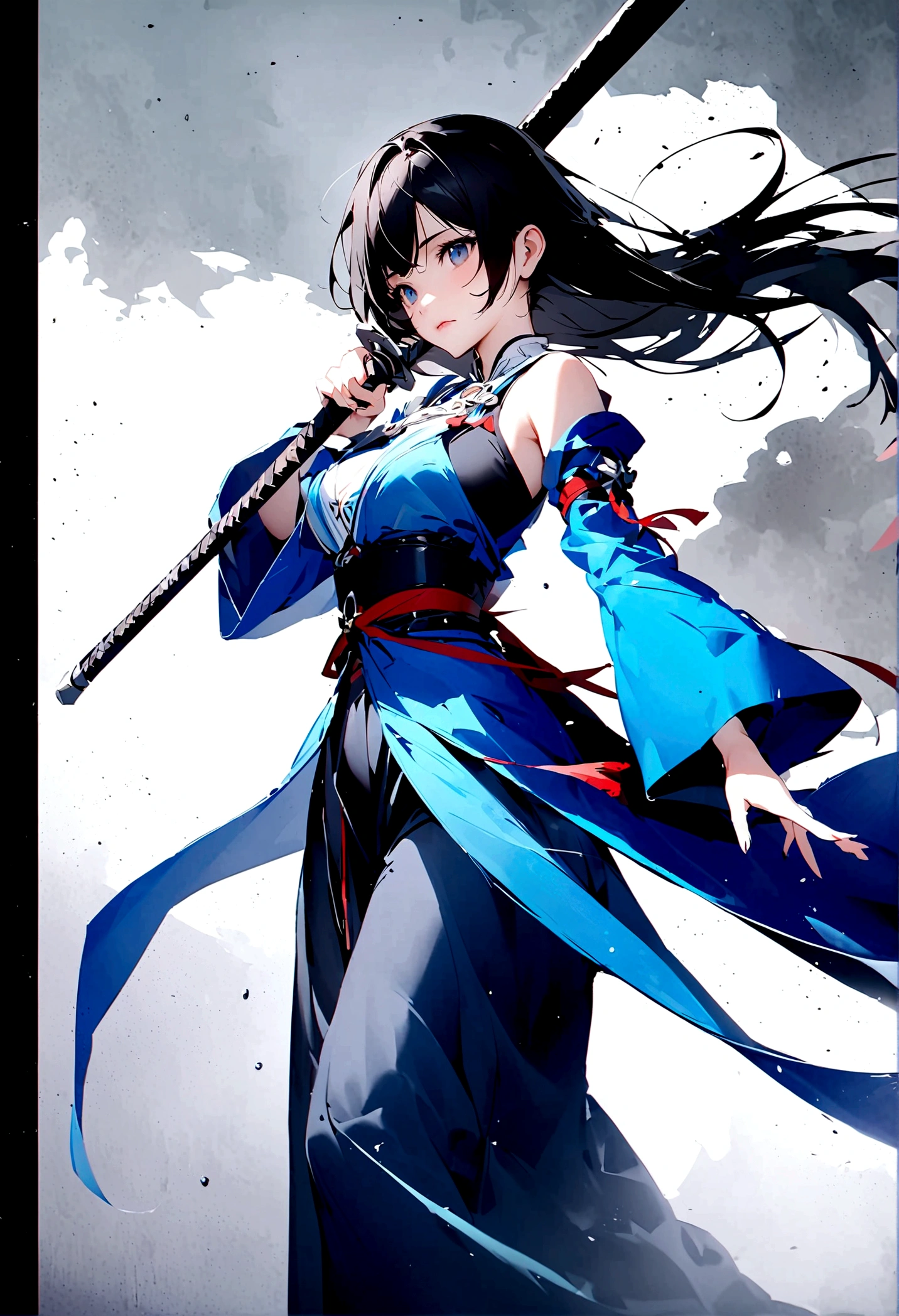 Artistic ink painting，Three-dimensional ink painting，Minimalism，Minimalist graphics，Minimal Art，Anime girl holding a sword，whole body，Chinese style，antiquity，Ink Painting，Blue robe，Black long hair，Black and white background，古韵White Space，White Space，大面积White Space，Texture Matte，Low saturation，Minimalist composition，Master composition