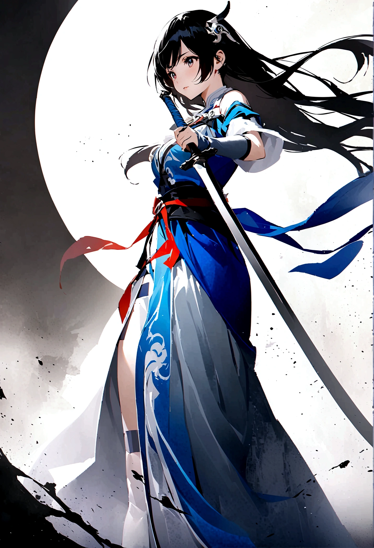 Artistic ink painting，Three-dimensional ink painting，Minimalism，Minimalist graphics，Minimal Art，Anime girl holding a sword，whole body，Chinese style，antiquity，Ink Painting，Blue robe，Black long hair，Black and white background，古韵White Space，White Space，大面积White Space，Texture Matte，Low saturation，Minimalist composition，Master composition