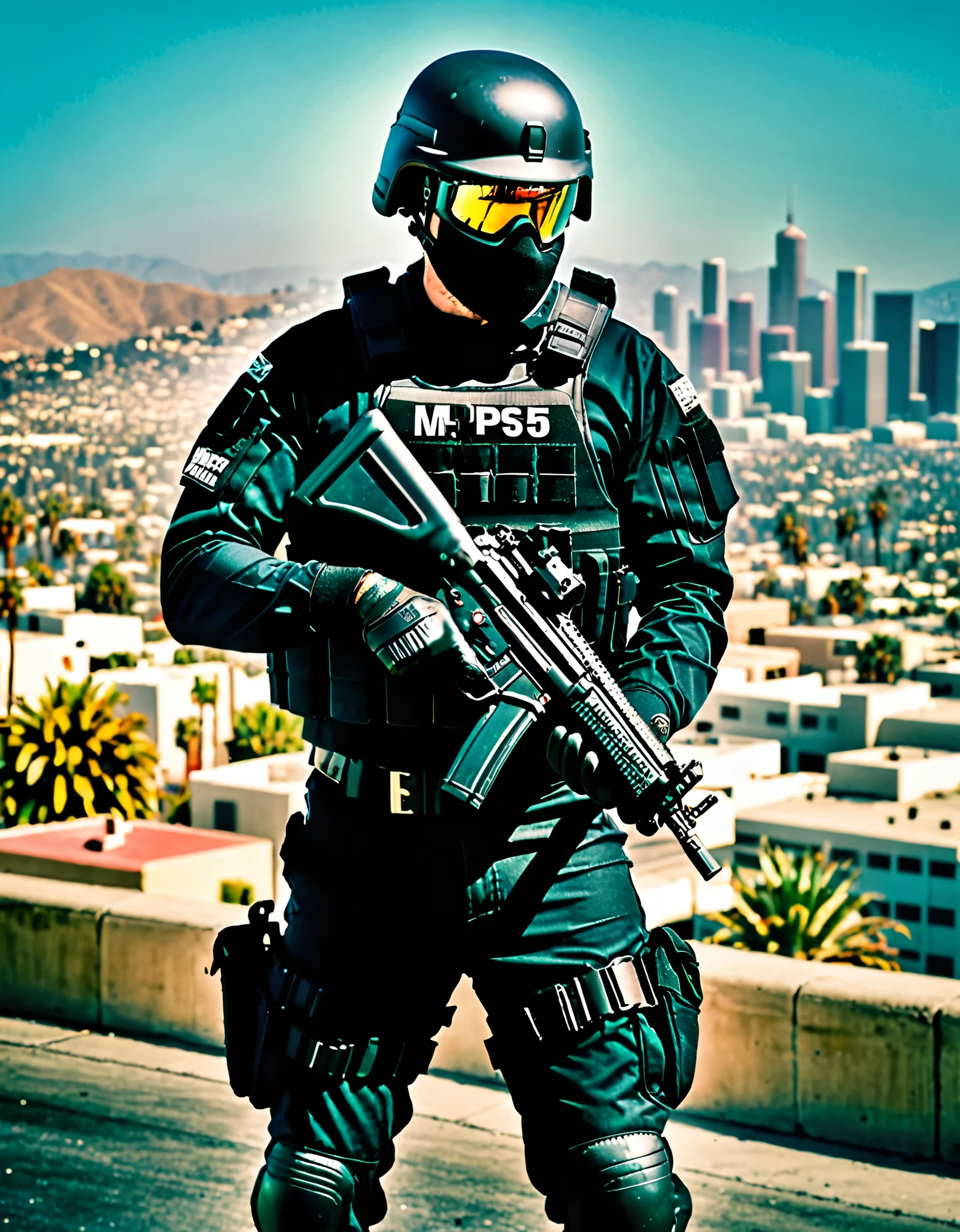 masterpiece, high quality, hires, 1man, solo, swat officer, (perfect hands, matching gloves, holding weapon, Heckler & Koch MP5), standing, on patrol, los angeles market backdrop, looking away