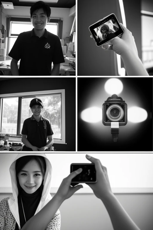 Generate 4 pictures of imaging workers,Hand taking photo with camera,Black and white photo,male