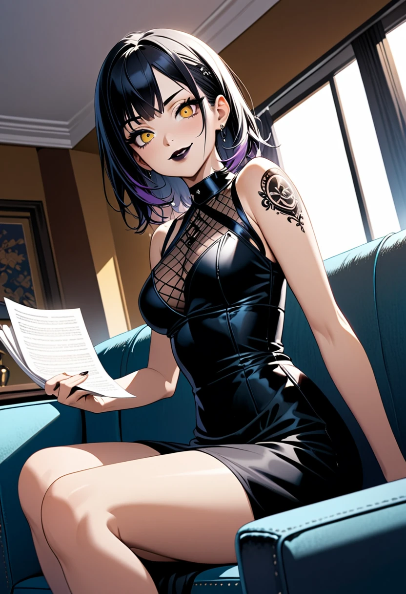 detailed illustration, dynamic angle, ultra-detailed, illustration, 1girl, short black hair with purple highlights, amber eyes, yellow eyes, tattoos, black club dress, black lipstick, goth, smirk, pleased, cunning, sitting on a blue couch, living room, morning, daylight, holding papers