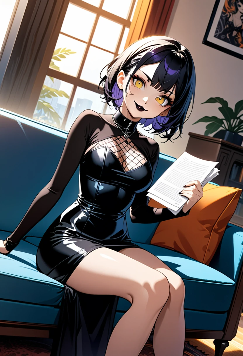 detailed illustration, dynamic angle, ultra-detailed, illustration, 1girl, short black hair with purple highlights, amber eyes, yellow eyes, tattoos, black club dress, black lipstick, goth, smirk, pleased, cunning, sitting on a blue couch, living room, morning, daylight, holding papers