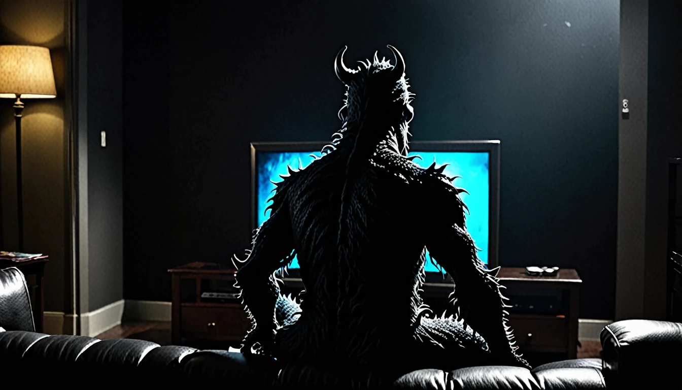 DangerousMysterious dark back side monster watching TV background dark