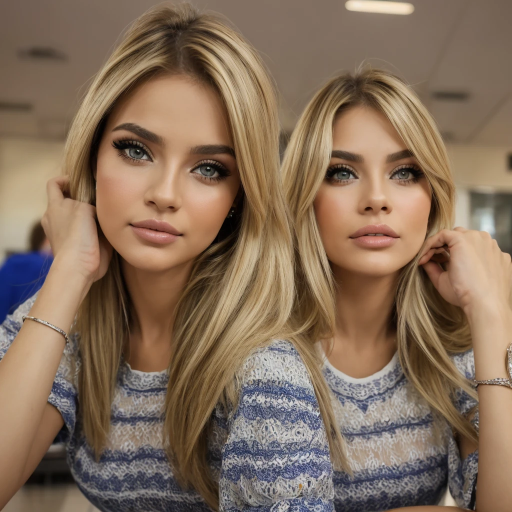 (1 mujer) rubia, cara hermosa, obra maestra, labios prominentes, cejas bonitas, long eyelashes, ojos verdes, posando frente a la camara, sentada en una cafeteria, cuerpo hermoso, cuerpo de modelo, senos grandes, usa una blusa violeta con escote