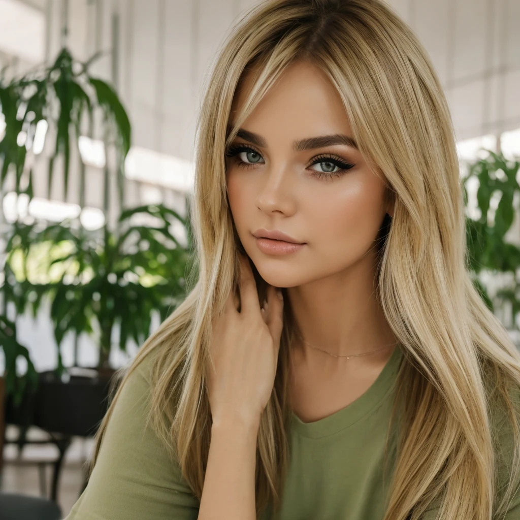 (1 mujer) rubia, cara hermosa, obra maestra, labios prominentes, cejas bonitas, long eyelashes, ojos verdes, posando frente a la camara, sentada en una cafeteria, cuerpo hermoso, cuerpo de modelo, senos grandes, usa una blusa violeta con escote