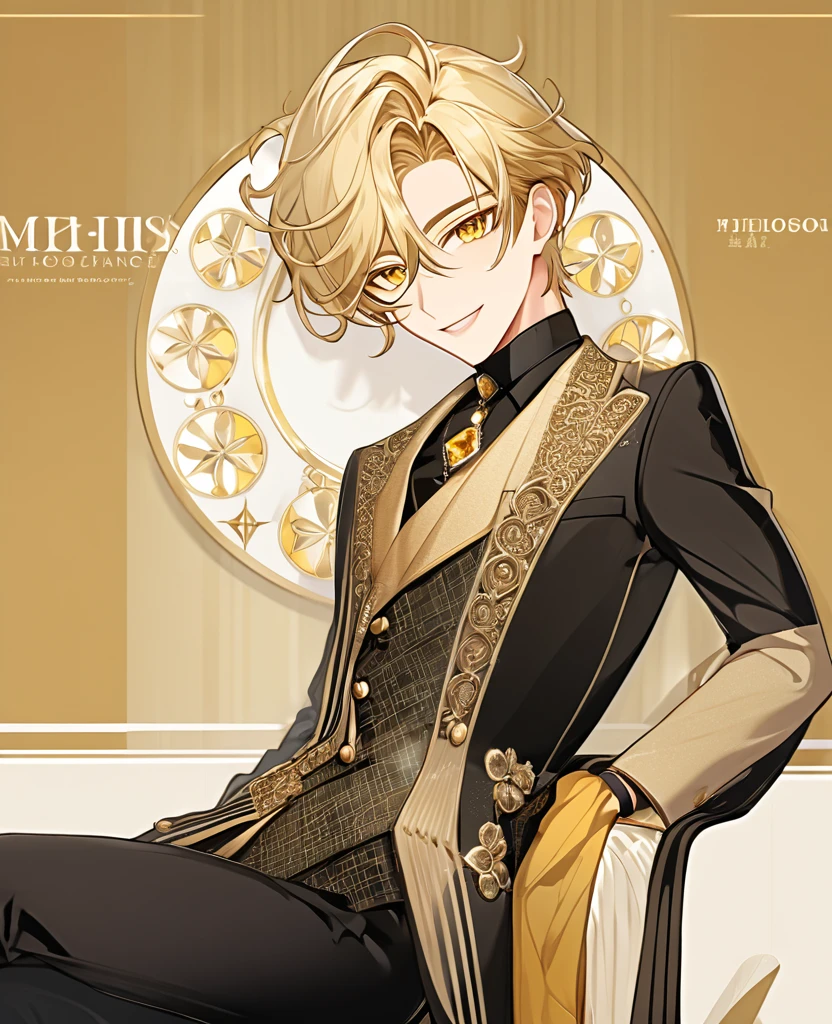  (Blonde_hair), (Golden_crystal_eyes), (detailed_eyes), (warm_smile), (attractive), (background_lounge), (male), (detailed_Hair), (detailed), wears a 19s type of fashion clothes