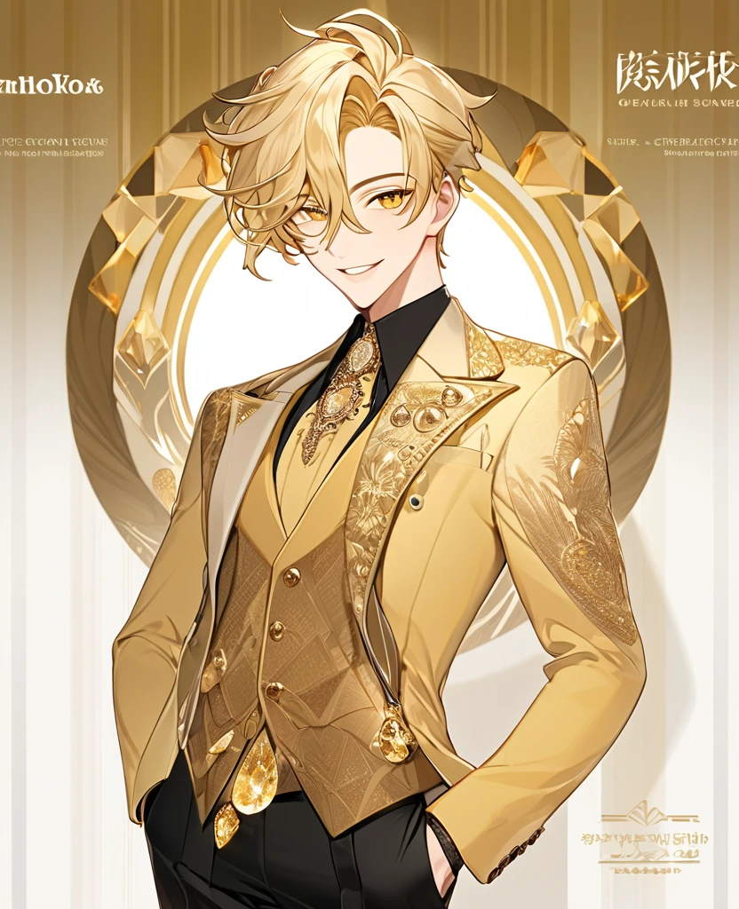  (Blonde_hair), (Golden_crystal_eyes), (detailed_eyes), (warm_smile), (attractive), (background_lounge), (male), (detailed_Hair), (detailed), wears a 19s type of fashion clothes