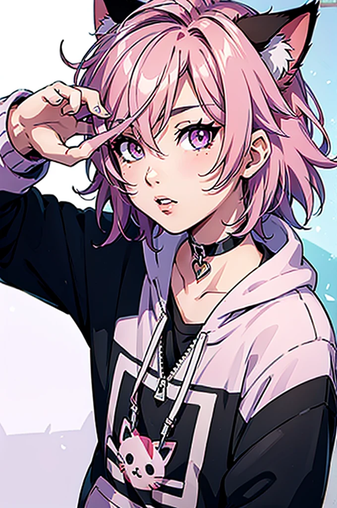 cel shading, detailed eyes, best quality, highly detailed, masterpiece, best quality, hair between eyes, short hair, solo male, pink hair, spike choker, solo male, cat ears, oversized hoodie, poofy hair, fluffy hair, looking at viewer, male, detailed nose, detailed lips, 