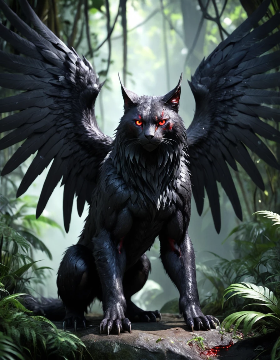 beast of prey,The body length is about 3 meters、Weight: about 200 kilograms。The exterior is covered in black fur.、Having red eyes,Superb masterpiece, Dynamic and realistic digital art, Great quality,Deep Jungle,Whispering Mine,Fibrous texture connected subsurface scattering (SSSS),evolution of stars, Tangled, , Seraph Wings,,