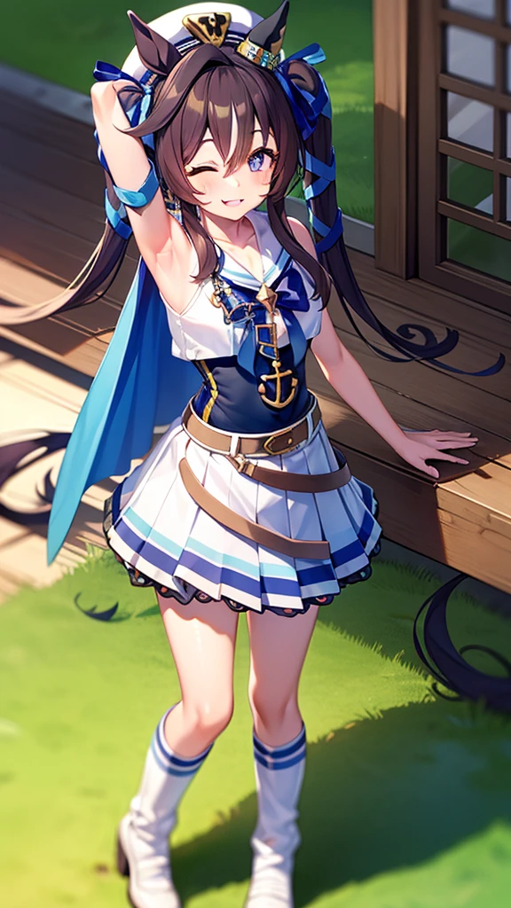 masterpiece, best quality, detailed, highly detailed, ultra detailed, extremely detailed CG, high resolution, 4K, vivlos \(umamusume\), horse tail, hat, white sailor collar, bare shoulders, blue ribbon, small cape, strap, anchor ornament, bodystocking, belt, bare knees, white pleated skirt, white boots, smile, arm up, armpits,
