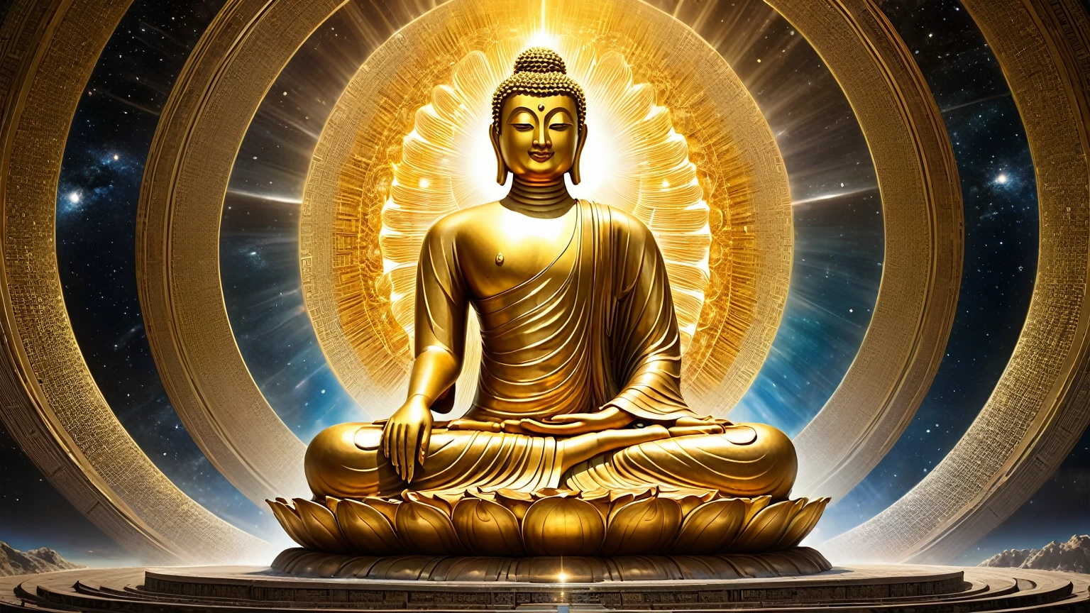 Interstellar，Endless space，The huge Maitreya Buddha statue rushed towards the huge space-time tunnel，Highly detailed portrait of a huge golden Buddha with the halo of the sun god，ssee-through，depth of fields，((Masterpiece))，(Best quality))，Magnificent space image scene，surrealism, Super detail, ccurate, Best quality, hyper HD, Masterpiece, Anatomically correct, A high resolution, 16k