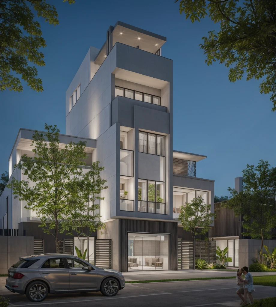 RAW photo, Exterior of two story white modern house, road, ((sidewalk)), ((sidewalk trees)), residences area, day time, tropical trees and plants, (high detailed:1.2), 8k uhd, dslr, soft lighting, high quality, film grain, Fujifilm XT3)