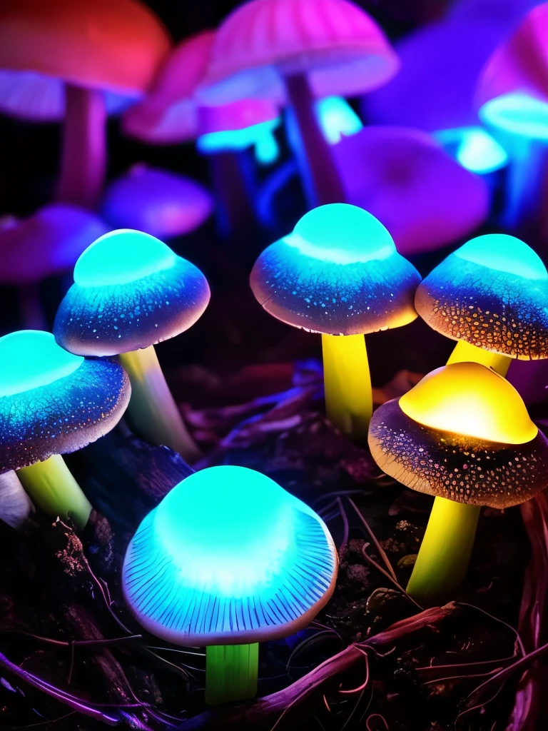 a close up of a bunch of mushrooms growing on a tree, glowing fungus, giant fluorescent fungi, glowing mushrooms, fluorescent mushrooms, neon yellow glowing mushrooms, bioluminescent mushrooms, neon mushrooms, glowing blue mushrooms, glowing green, green glows, greenish lighting, glowing in the dark, translucent mushrooms, glowing blue mushrooms in mire