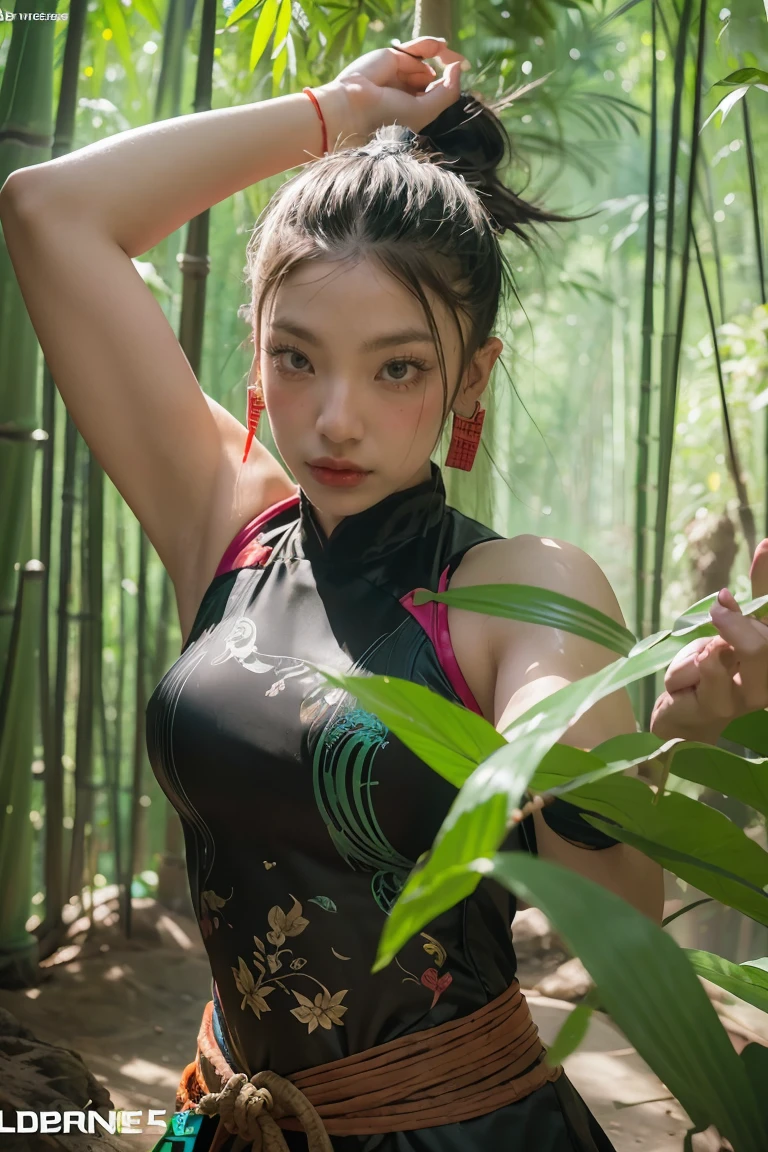 bamboo forest background，A look of determination，colorful vivid octane render, cybernetic and highly detailed, loba andrade from apex legends, created in unreal engine 5, made in unreal engine 5, trending on unreal engine 5, Antique portraits, Martial arts fantasy style 8k octane rendering, rendered in unreal 5, rendered in high octane