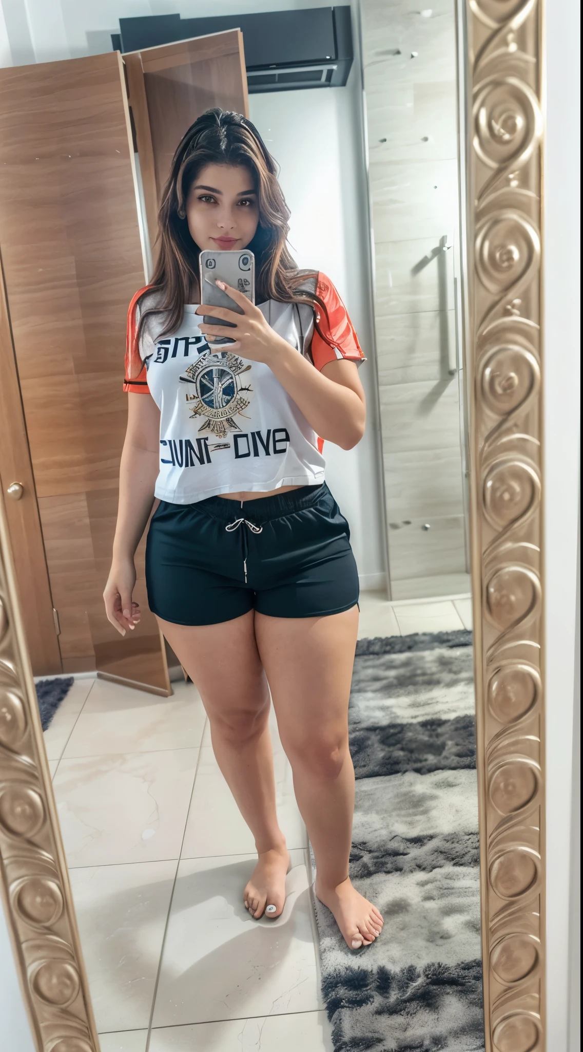 there is a woman taking a selfie in the mirror, In shorts, vestindo shorts e camiseta, foto adequada, foto de corpo inteiro, vestida com top e shorts, 18 anos de idade, 2 modelo feminino de 4 anos, vestindo shorts pretos, foto de garota magra, garota sexy vestindo shorts de cetim, look sexy,  de 19 anos, coxas