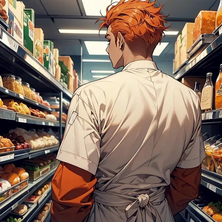 1 man, back view, orange short curly hair, black chef's outfit, shaved back of head, face obscured, I can't see your face、Black clothes、Black clothes、Black long sleeved outfit、(best quality,4k,8k,highres,masterpiece:1.2),ultra-detailed,(realistic,photorealistic,photo-realistic:1.37),HDR,studio lighting,professional,vivid colors,detailed facial features, sharp focus