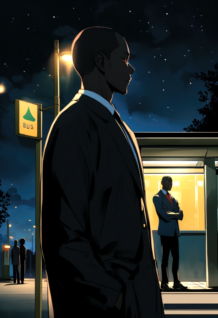 Black man waiting at a bus stop at night