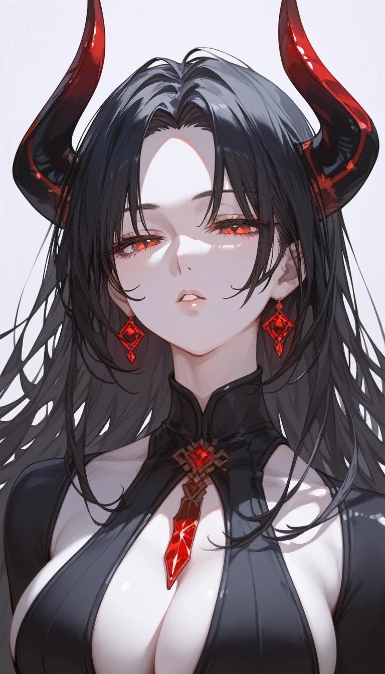 masterpiece, Score_9, Score_8_up, Score_7_up, front view, 1 woman, alone, black hair with red, long hair, parted bangs, dark red eyes, half-closed eyes, parted lips, expressionless, pale skin, large breasts, body suit, black bottom, best quality, horns up, long open bangs, black sleeveless shirt, black V-neck, red baggy pants, high heels.