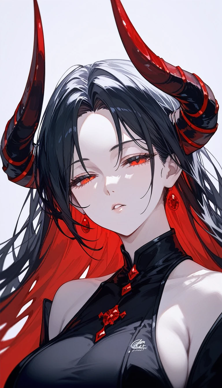 masterpiece, Score_9, Score_8_up, Score_7_up, front view, 1 woman, alone, black hair with red, long hair, parted bangs, dark red eyes, half-closed eyes, parted lips, expressionless, pale skin, large breasts, body suit, black bottom, best quality, horns up, long open bangs, black sleeveless shirt, black V-neck, red baggy pants, high heels.