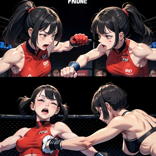 Covered in blood. Slender body. Small breasts. Intense violence. Her opponent's fists are digging into her body. They glare at each other. Her face distorted by the opponent's punch. Dynamic action. She is in pain. She is slammed to the floor and beaten violently. She is wearing a sports bra and high-leg panties. Her opponent tries to kill her with a powerful punch. The two are exhausted. Two young and beautiful Japanese mixed martial artists are fighting inside the octagon. They are both pounding their fists into their opponents' bodies. Their mouths are open, drooling, one eye closed, and they are gasping for air. They are sweating profusely. Short-cut black hair. Open-fingered gloves. Erect nipples.