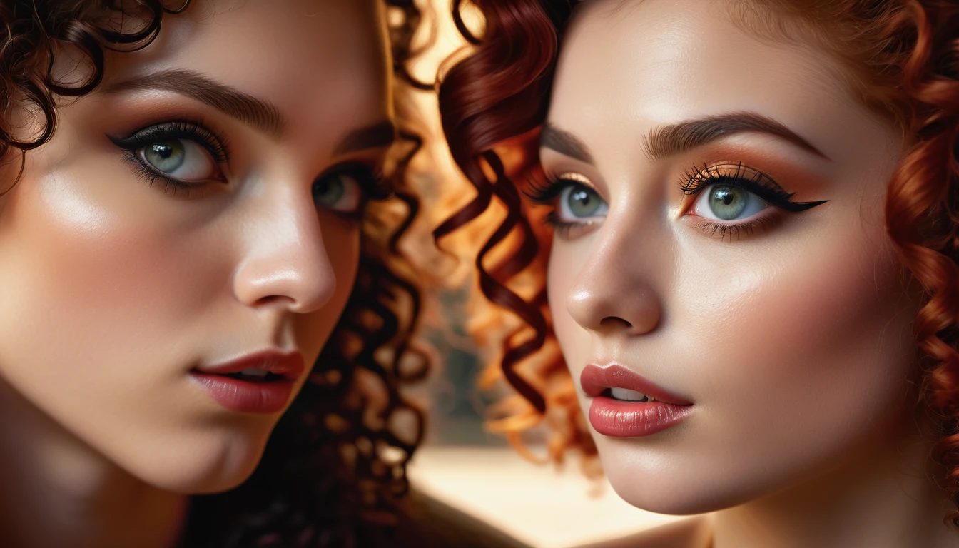 beautiful detailed eyes, beautiful detailed lips, extremely detailed eyes and face, long eyelashes, 1 girl, 1 boy, redhead girl, black curly hair boy, gazing into each other's eyes, intimate moment, dramatic lighting, cinematic, warm color palette, dramatic shadows, chiaroscuro lighting, digital painting, highly detailed, photorealistic, 8k, best quality, masterpiece, ultra-detailed
