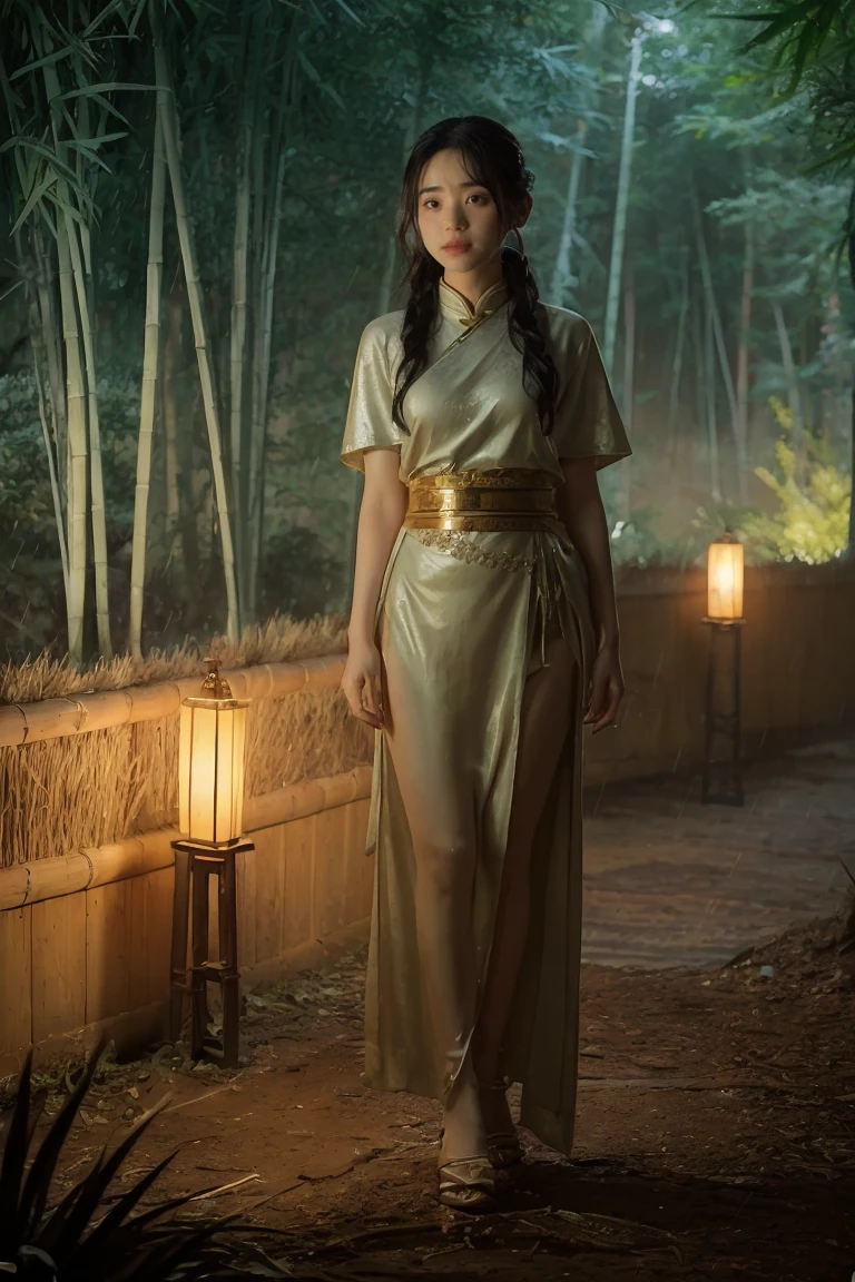 fantasy, Landscape photo of the forest, Chinese martial arts style, The skin is wet and shiny, (A 25-year-old girl samurai wears a black combat uniform，Hold a sword with gold details and glowing, Golden cape), (In a dense bamboo forest，Forest path, Night, thunderstorm, Dark sky, rain: 1.2), China-style, barbara (Genshin Impact:0.5), Elsa (Frozen):0.5, (Intricate details:1.2), Black hair, Wavy hair, lamplight, Sad, Brown eyes, symmetrical features, Detailed hands, Detailed fingers, (Masterpiece:1.2), (Epic composition:1.4), (talent:1.2), Ultra detailed, Highly detailed, insanely details, (Photorealistic:1.2), hdr, 8K, Exquisite, Sharp, elegant, fantasy vivid colors, High quality, battle garment, (full body shot of: 1.8)，(Faraway view: 1.8)，ultra-wide-angle