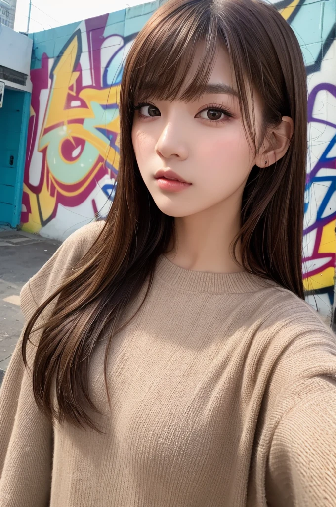 Highest quality, 8k, ,masterpiece :1.3)), In-person audience,((Whole body 1.2)) ,Beautiful woman, Wide Shot ,One girl, , Selfie , , Graffiti wall, Brown Hair , bangs,Highly detailed face, Highly detailed lips, Fine grain, double eyelid