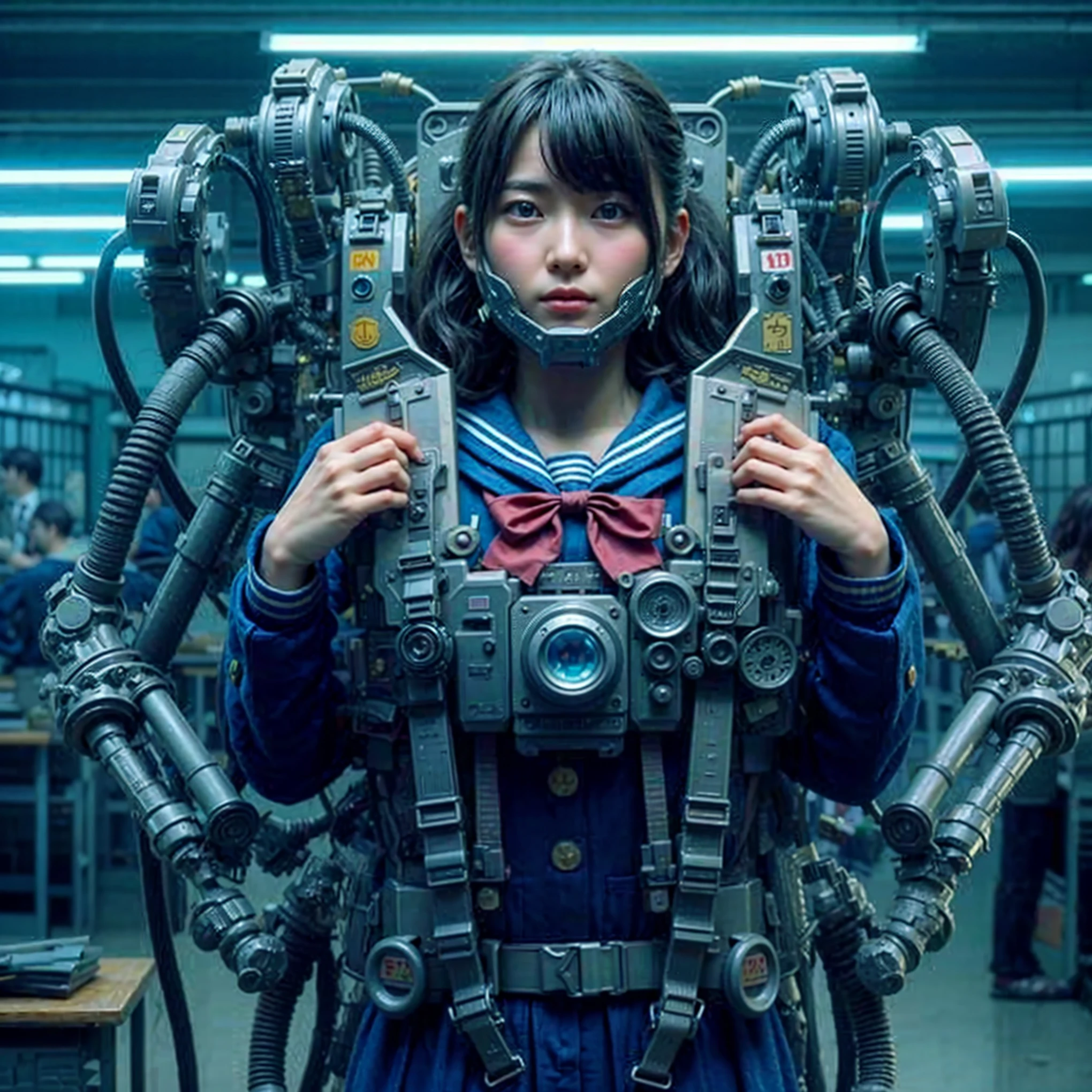 (masterpiece, best quality:1.2), (8k uhd, 16k, 32k, ultra high res), Steampunk, fictional WWII former Japanese Imperial Army armored car and cyborg Japanese female soldier, beautiful face, torn pants, dirty clothes, very intricate details, olive drab paint, peeling paint, weathering, fortress attack, realistic photo, taken with Fuji film X-T30+Nokton. HDR10