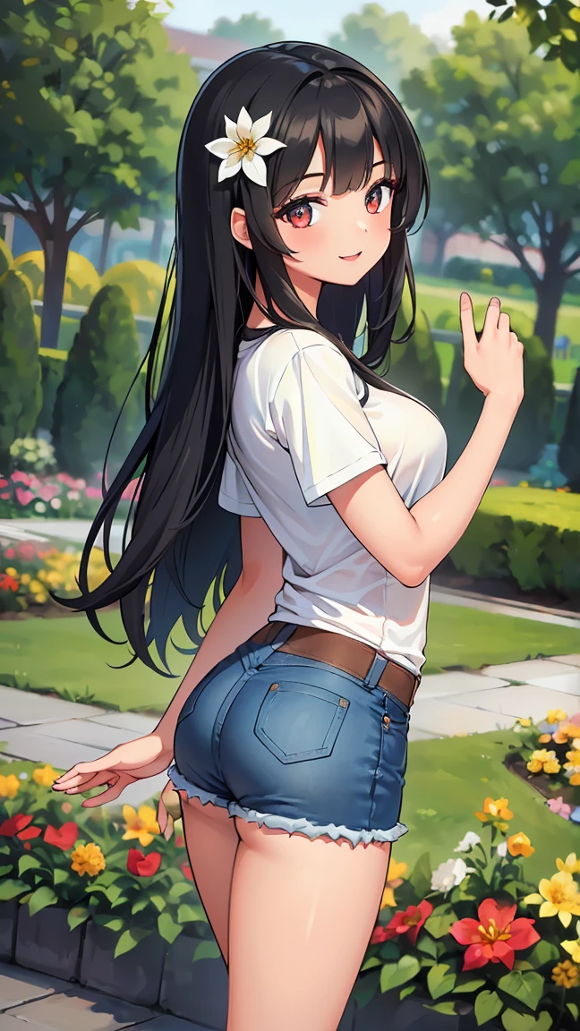 (8K, Live shooting, best quality, muste piece: 1.2), High-definition RAW color photo, Professional photography, cinematic light, ((1 girl)), focus on butt, (Low - Angle:1.2), super cute face, (black long hair), smile, Gorgeous body, glossy lips, slender body, big breasts, small butt, ((T-shirt, denim shorts, )), with your back turned:1.5, Are standing:1.2, Turn around pose, natural makeup, long eyelashes, shiny hair, asymmetrical bangs, tanned skin, pretty face, beautiful detailed eyes, beautiful body, beautiful chest, beautiful thighs, beautiful legs, (((clean fingers, 5 fingers on hand, five fingers))), (((flower garden, garden))), central image, high resolution, high detail, detailed hairstyle, detailed face, epic movie lighting, lively, hyper real, perfect limbs, perfect anatomy, anatomically correct,