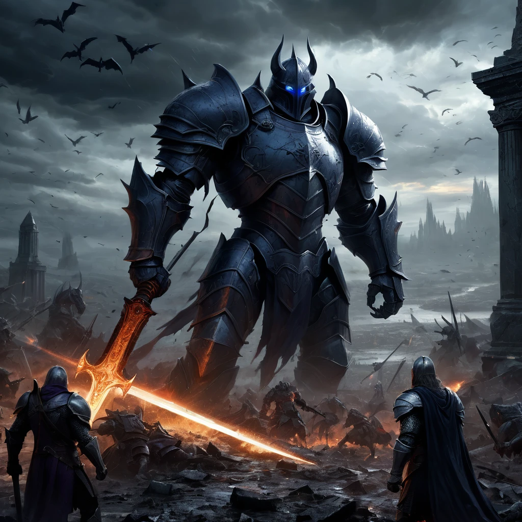 Create an incredibly intense and visually stunning image titled "Archaic Dark Fantasy Battle." Imagine a grand, ancient battlefield set in a dark, mythical world. The scene is filled with fierce warriors, both human and monstrous, locked in an epic clash amidst ruins of a long-forgotten civilization.
In the foreground, a powerful knight clad in ornate, battle-worn armor is engaged in combat with a towering, grotesque beast. The knight wields a glowing, enchanted sword that emits a faint blue light, cutting through the darkness. The beast, with its twisted, demonic features and sharp claws, roars in defiance.
Surrounding them, the battlefield is littered with fallen warriors and shattered weapons, adding to the sense of chaos and destruction. The ground is a mix of muddy terrain and ancient stone, with mystical runes and sigils faintly glowing, hinting at forgotten magic.
The sky above is stormy and ominous, with dark clouds swirling and occasional flashes of lightning illuminating the scene. In the background, remnants of colossal statues and crumbling temples loom, adding a sense of history and grandeur to the battlefield.
The color palette should be dark and moody, with deep blues, blacks, and purples contrasted by the fiery reds and oranges of the battle and the ethereal glow of magical elements. Use detailed, dynamic lines to capture the intensity and movement of the battle.
The entire image should evoke a sense of epic struggle, dark magic, and the timeless conflict between good and evil, creating a truly captivating and unique masterpiece in the archaic dark fantasy genre.