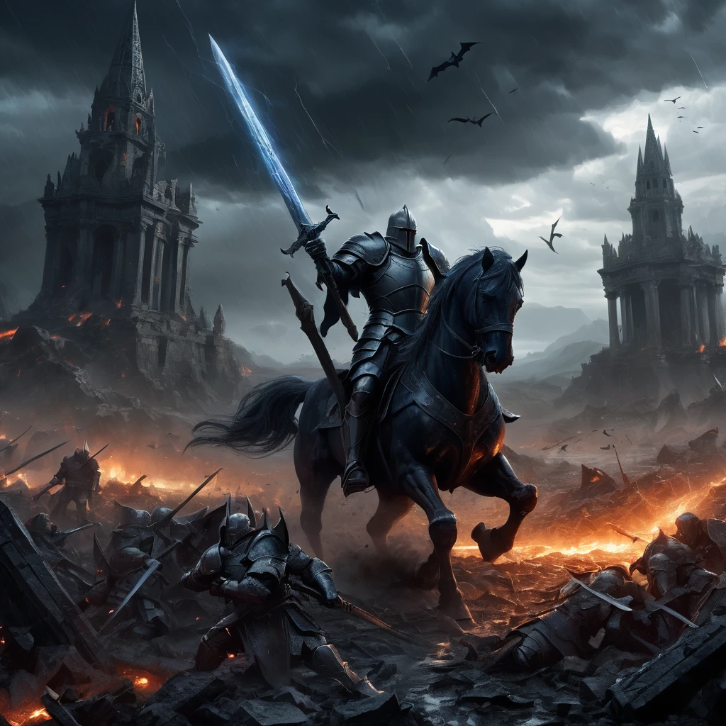 Create an incredibly intense and visually stunning image titled "Archaic Dark Fantasy Battle." Imagine a grand, ancient battlefield set in a dark, mythical world. The scene is filled with fierce warriors, both human and monstrous, locked in an epic clash amidst ruins of a long-forgotten civilization.

In the foreground, a powerful knight clad in ornate, battle-worn armor is engaged in combat with a towering, grotesque beast. The knight wields a glowing, enchanted sword that emits a faint blue light, cutting through the darkness. The beast, with its twisted, demonic features and sharp claws, roars in defiance.

Surrounding them, the battlefield is littered with fallen warriors and shattered weapons, adding to the sense of chaos and destruction. The ground is a mix of muddy terrain and ancient stone, with mystical runes and sigils faintly glowing, hinting at forgotten magic.

The sky above is stormy and ominous, with dark clouds swirling and occasional flashes of lightning illuminating the scene. In the background, remnants of colossal statues and crumbling temples loom, adding a sense of history and grandeur to the battlefield.

The color palette should be dark and moody, with deep blues, blacks, and purples contrasted by the fiery reds and oranges of the battle and the ethereal glow of magical elements. Use detailed, dynamic lines to capture the intensity and movement of the battle.

The entire image should evoke a sense of epic struggle, dark magic, and the timeless conflict between good and evil, creating a truly captivating and unique masterpiece in the archaic dark fantasy genre.
