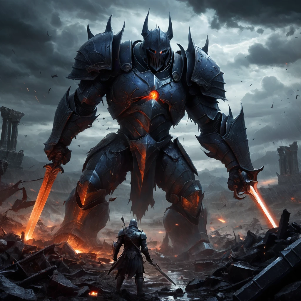 Create an incredibly intense and visually stunning image titled "Archaic Dark Fantasy Battle." Imagine a grand, ancient battlefield set in a dark, mythical world. The scene is filled with fierce warriors, both human and monstrous, locked in an epic clash amidst ruins of a long-forgotten civilization.
In the foreground, a powerful knight clad in ornate, battle-worn armor is engaged in combat with a towering, grotesque beast. The knight wields a glowing, enchanted sword that emits a faint blue light, cutting through the darkness. The beast, with its twisted, demonic features and sharp claws, roars in defiance.
Surrounding them, the battlefield is littered with fallen warriors and shattered weapons, adding to the sense of chaos and destruction. The ground is a mix of muddy terrain and ancient stone, with mystical runes and sigils faintly glowing, hinting at forgotten magic.
The sky above is stormy and ominous, with dark clouds swirling and occasional flashes of lightning illuminating the scene. In the background, remnants of colossal statues and crumbling temples loom, adding a sense of history and grandeur to the battlefield.
The color palette should be dark and moody, with deep blues, blacks, and purples contrasted by the fiery reds and oranges of the battle and the ethereal glow of magical elements. Use detailed, dynamic lines to capture the intensity and movement of the battle.
The entire image should evoke a sense of epic struggle, dark magic, and the timeless conflict between good and evil, creating a truly captivating and unique masterpiece in the archaic dark fantasy genre.
