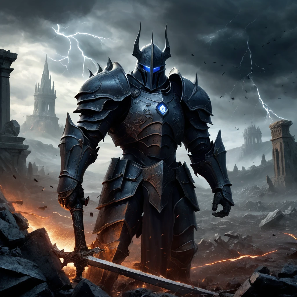 Create an incredibly intense and visually stunning image titled "Archaic Dark Fantasy Battle." Imagine a grand, ancient battlefield set in a dark, mythical world. The scene is filled with fierce warriors, both human and monstrous, locked in an epic clash amidst ruins of a long-forgotten civilization.

In the foreground, a powerful knight clad in ornate, battle-worn armor is engaged in combat with a towering, grotesque beast. The knight wields a glowing, enchanted sword that emits a faint blue light, cutting through the darkness. The beast, with its twisted, demonic features and sharp claws, roars in defiance.

Surrounding them, the battlefield is littered with fallen warriors and shattered weapons, adding to the sense of chaos and destruction. The ground is a mix of muddy terrain and ancient stone, with mystical runes and sigils faintly glowing, hinting at forgotten magic.

The sky above is stormy and ominous, with dark clouds swirling and occasional flashes of lightning illuminating the scene. In the background, remnants of colossal statues and crumbling temples loom, adding a sense of history and grandeur to the battlefield.

The color palette should be dark and moody, with deep blues, blacks, and purples contrasted by the fiery reds and oranges of the battle and the ethereal glow of magical elements. Use detailed, dynamic lines to capture the intensity and movement of the battle.

The entire image should evoke a sense of epic struggle, dark magic, and the timeless conflict between good and evil, creating a truly captivating and unique masterpiece in the archaic dark fantasy genre.
