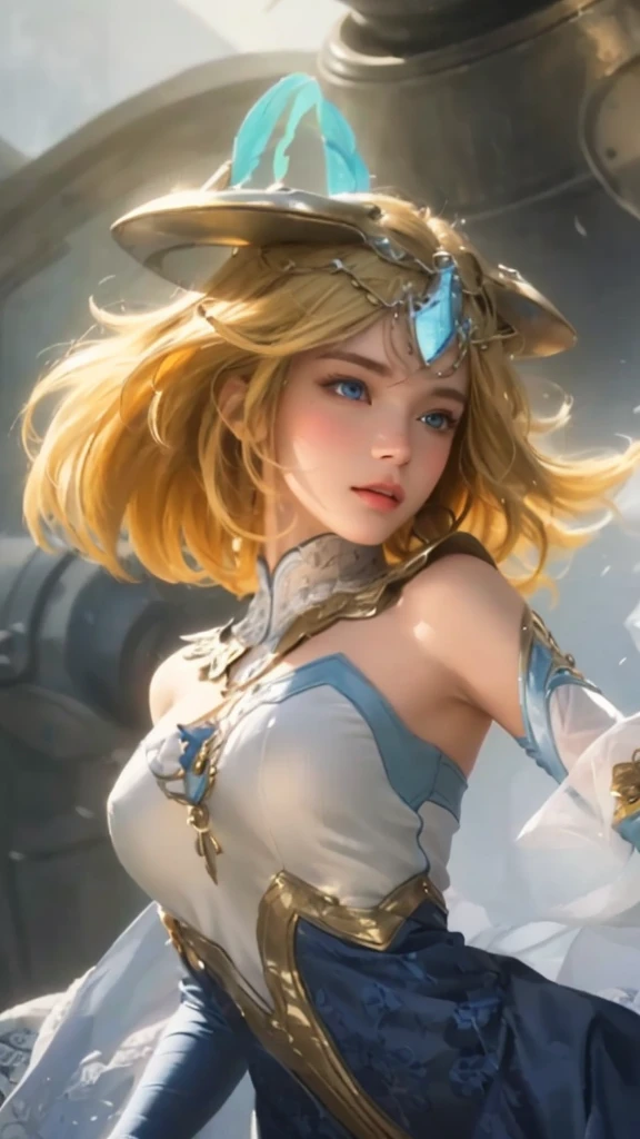 (best quality, realistic, ultra-detailed),portrait,girl,blonde hair,blue-eyes,white and blue outfit,detailed facial features,fine brushstrokes,vivid colors,soft lighting,Not wearing clothes