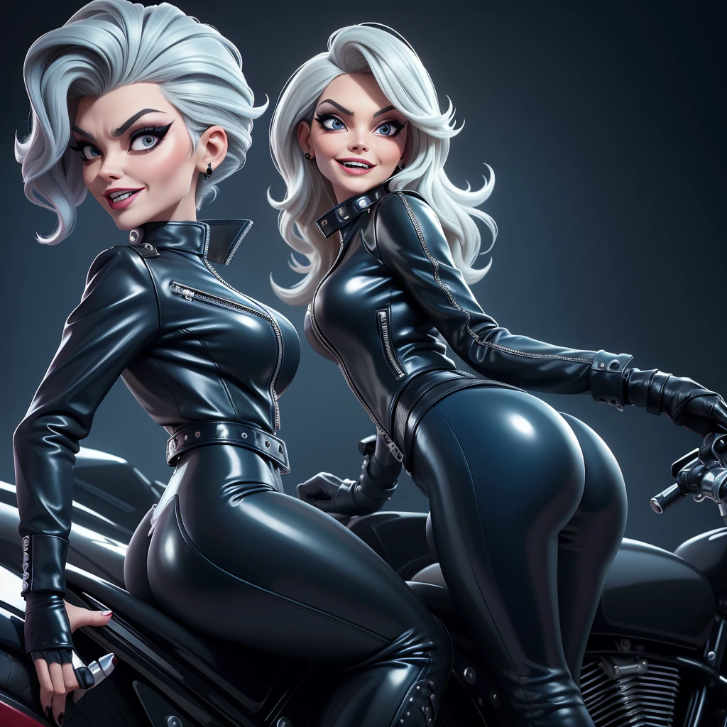 obra prima, melhor qualidade, (cruella deville, michelle pfeiffer, vamp 70yo face wrinkles,) head back, sassy wicked girl, big toothy smile, open mouth, maniacal, extreme, thick smoky black eye shadow, long fake eyelashes, raven black mullet hair, ((metallic blue pvc biker jacket and pants,)) with studs zippers snaps, shiny leather gloves, body is skinny, laying down on hood of sports car, shiny tight buttocks, dazzle, pinup, exaggerated selfie, lap dance, camera view of whole body, looking up at me, shallow depth of field, highres, HD, 8k, anatomically correct
