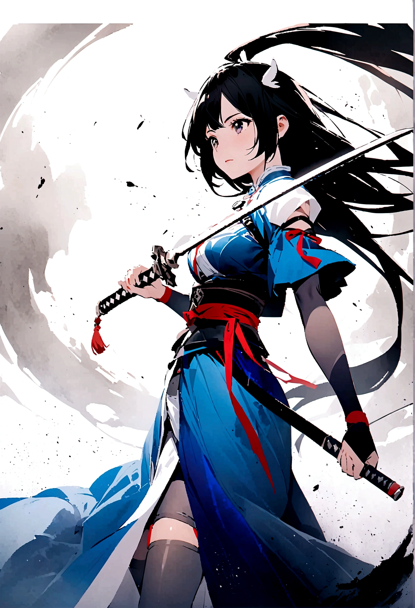 Artistic ink painting,Three-dimensional ink painting,Minimalism,Minimalist graphics,Minimal Art,Anime girl holding a sword,whole body,Chinese style,antiquity,Ink Painting,Blue robe,Black long hair,Black and white background,古韵White Space,White Space,大面积White Space,Texture Matte,Low saturation,Minimalist composition,Master composition