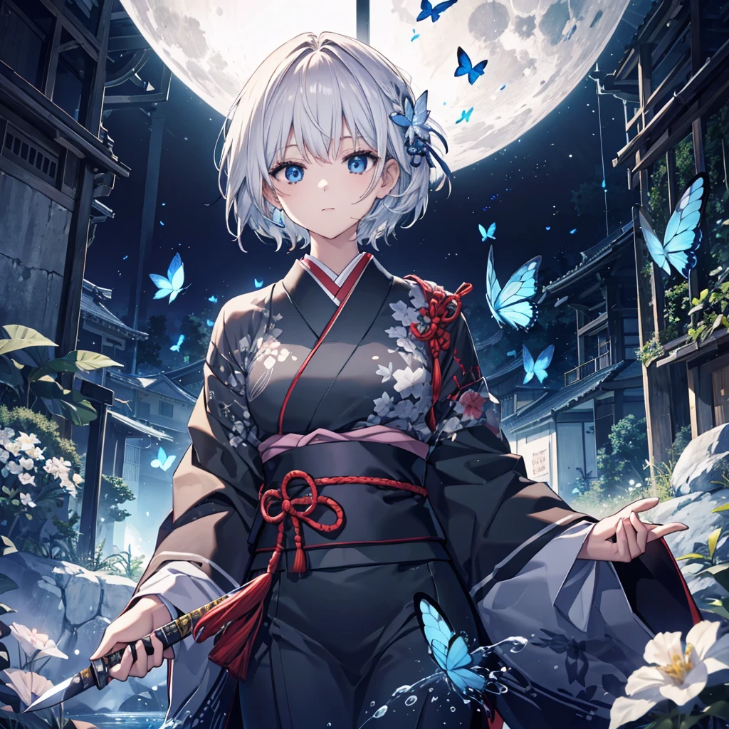 (((1 person))) ((High resolution Gray Hair short hair Black kimono Shoulder)) ((Black Band military commander Lonely despair blue eyes)) ((Blue Butterfly night Japanese style old Shining Aura garden water surface)) (dance 日本knife knife Slashing) moon star Draw your sword Slashing Catch the wind