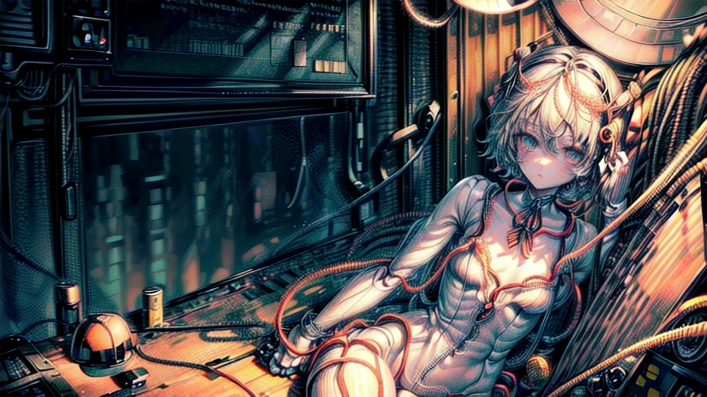(((masterpiece))), (((Highest quality))), ((Very detailed)), (Highly detailed CG illustrations), ((Very delicate and beautiful)),(Cute and delicate face),Light,((1. Machine Girl)),alone,whole body,(Machine made joints:1.4),((Mechanical Limbs)),(Muscle swelling),(The container is connected to a tube),(Brain in a container:1.3),((Mechanical vertebrae attached to the back)),((Mechanical cervical spine attached to the neck)),((Sitting)),poker face,(Wires and cables attached to head and body:1.5),Small breasts,short hair,(Character Focus),SF,Lying down,Dark shortcuts,Centering shortcuts,A devastated society,alone,