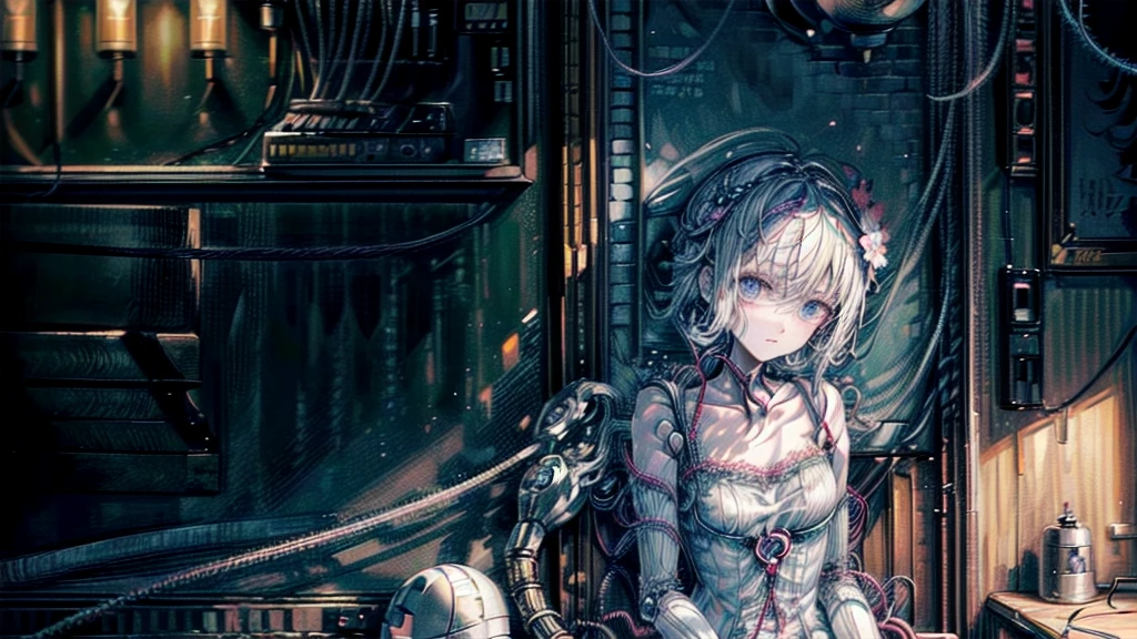 (((masterpiece))), (((Highest quality))), ((Very detailed)), (Highly detailed CG illustrations), ((Very delicate and beautiful)),(Cute and delicate face),Light,((1. Machine Girl)),alone,whole body,(Machine made joints:1.4),((Mechanical Limbs)),(Muscle swelling),(The container is connected to a tube),(Brain in a container:1.3),((Mechanical vertebrae attached to the back)),((Mechanical cervical spine attached to the neck)),((Sitting)),poker face,(Wires and cables attached to head and body:1.5),Small breasts,short hair,(Character Focus),SF,Lying down,Dark shortcuts,Centering shortcuts,A devastated society,alone,