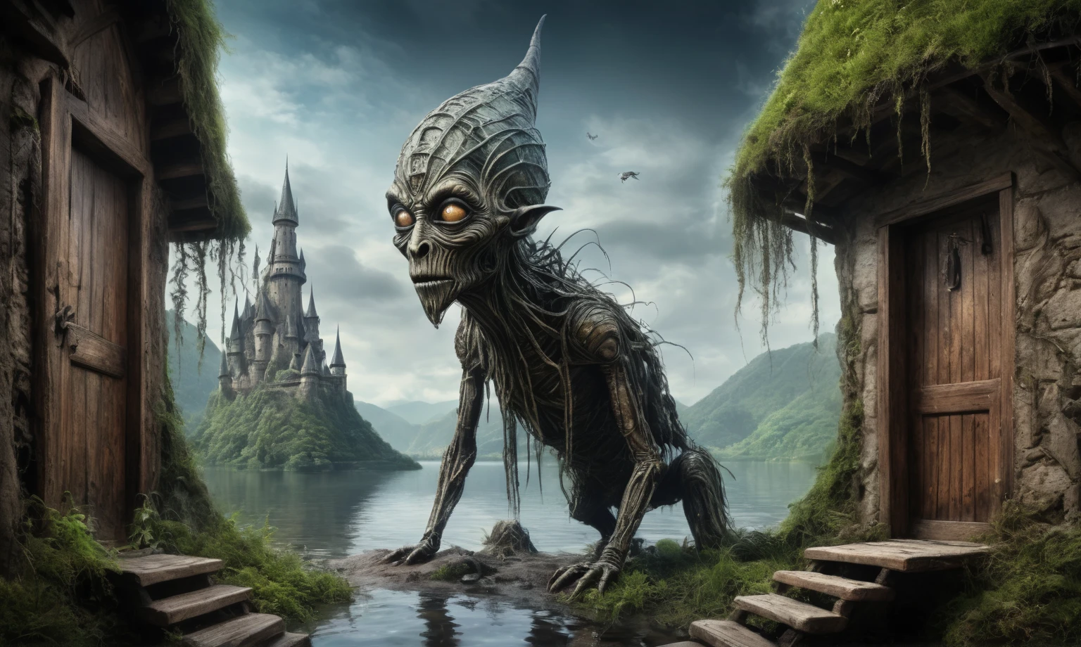 full body length shot,very beggar niobium mummy of Alien Entity,native britain half Puck, wants eat,survival,fairyland, Medieval castle ,Cinematic,soft colors, Technicolor,natural skin textures, hyper realism, hyper detailed,Extremely detailed,High contrast,Masterpiece,Realistic,Ultra Detailed, intricate details,realistic humid leather,extremly intricate,Epic Realistic, cinematic style, irina yermolova,high contrast,hdr,extremely detailed, deep night landscape,masterpiece, intricate details, eyes extremely detailed, high detailed eyes,8k resolution,retina, Nikon Z9,Norsemade,Li River ,perfect, Elf，transition between two art styles, Double contact, X-ray, Creative, vivid light, fantasy Abstract, Surrealism, super detailed, high resolution, traps against fairies between houses in air,insanity wear
