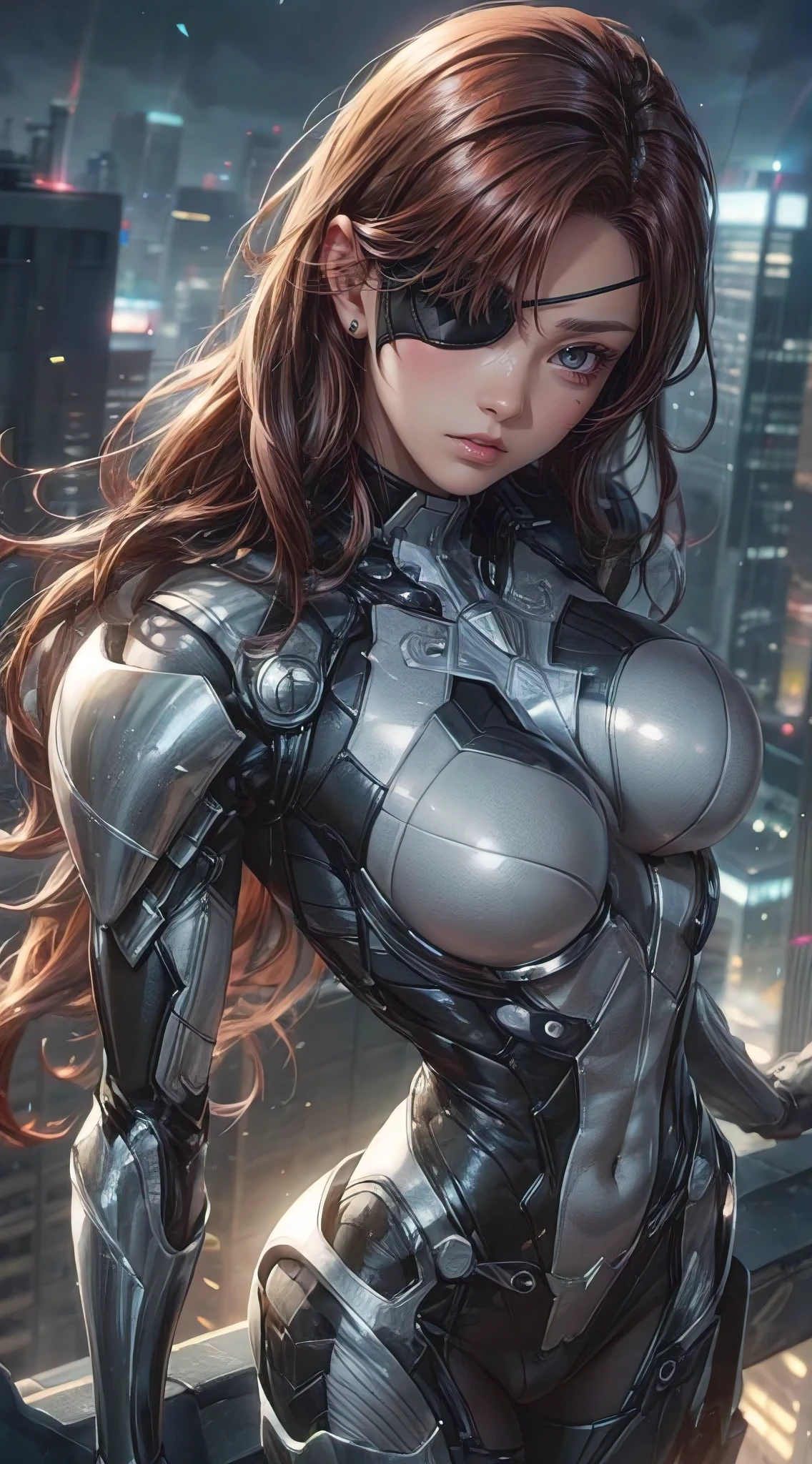 beautiful female supervillain, perfect body proportions, curvaceous yet slim, generous curves, (big breasts:1.5), bodysuit armor, futuristic, eye patch on one eye, long wavy redhead, gorgeous eyes, serious, rooftop of a skyscraper, stormy sky, photorealistic, high definition